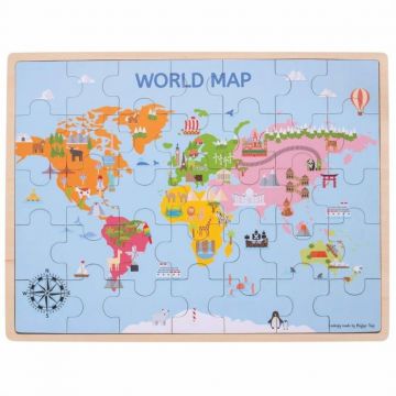 Puzzle din lemn - Harta lumii (35 piese), BIGJIGS Toys, 2-3 ani +