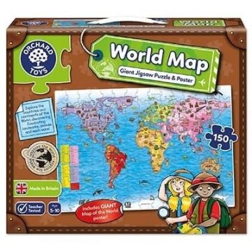 Puzzle si poster Harta lumii (limba engleza 150 piese) WORLD MAP PUZZLE POSTER, Orchard Toys, 4-5 ani +