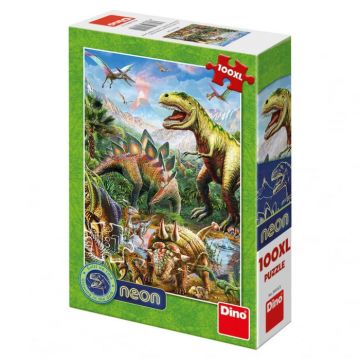 Puzzle XL - Lumea dinozaurilor neon (100 piese), Dino, 4-5 ani +