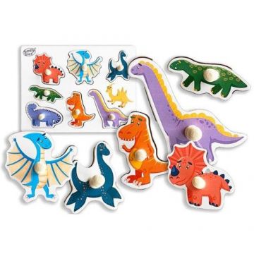 Puzzle dinozauri, Smily Play, Lemn, 7 Piese, Multicolor