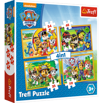 Set puzzle 4 in 1 Trefl Paw Patrol, Mereu punctual, 1x35 piese, 1x48 piese, 1x54 piese, 1x70 piese