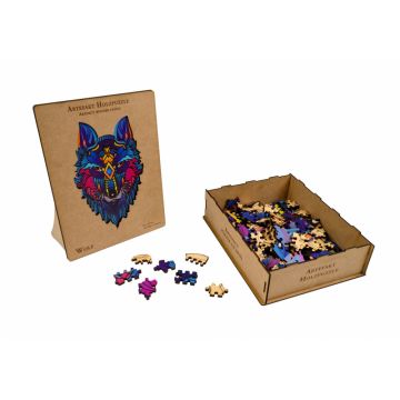 Puzzle din lemn 2 in 1 Wolf, 180 piese, in cutie de lemn