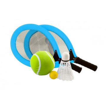 Set de 2 palete tenis moi pentru parc si plaja - 2 mingi si fluturas badminton, in rucsac, culoare albastru
