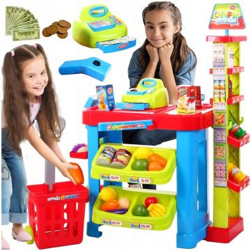 Set de joaca MalPlay Supermarket pentru copii casa de marcat alimente si cos de cumparaturi 80 cm