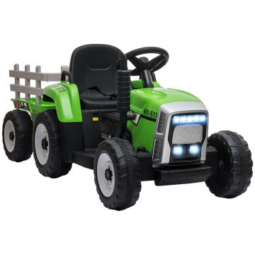 HOMCOM Tractor Electric cu Remorcă Detașabilă, Telecomandă, Muzică și Claxon, pentru Copii de 3-6 Ani, 136,5x50x52,5 cm, Verde | Aosom Romania