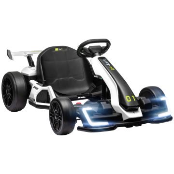 Kart electric pentru copii cu vârsta între 6-12 ani 24V 12km/h cu scaun reglabil, Drift Go-kart cu claxon, lumini, alb HOMCOM | Aosom Romania