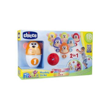 Joc bowling, Chicco, Monkey Strike, Cu 6 popice care pot fi impartite pe jumatate, Cu minge, Stimuleaza abilitatile motorii si de coordonare, 18 luni+, Multicolor