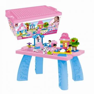 Set Masa si Cutie cu 100 Cuburi de Constructie tip Duplo.