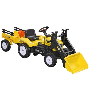 HOMCOM Excavator, Tractor cu Pedale pentru Copii de 3 Ani cu Cupă Frontală și Remorcă Detașabilă, 167x41x52 cm, Galben | Aosom Romania