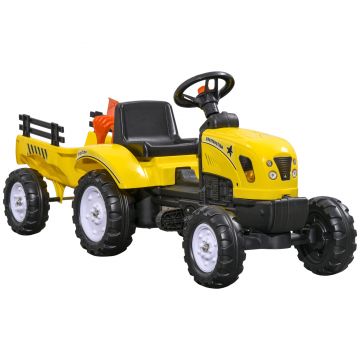 HOMCOM Tractor de Pedalat pentru Copii de 3+ Ani cu Remorcă, Greblă, Lopată și Claxon, 133x42x51 cm, Galben | Aosom Romania