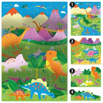 Puzzle animale, Headu, Dinozauri, 40 piese, 3 ani+, Multicolor