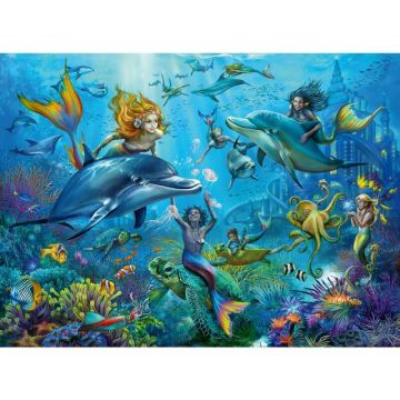 Puzzle animale, Ravensburger, Sirene si delfini, 100 piese, 6 ani+, Multicolor