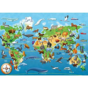 Puzzle de podea, Ravensburger, Harta animale, 60 piese, 4 ani+, Multicolor