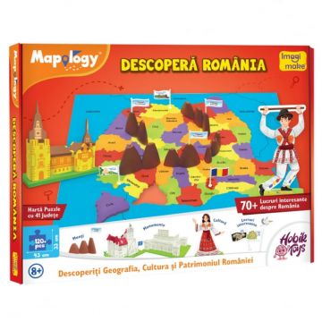 Descopera Romania - Harta Puzzle 3D ,70+ Activitati despre Relief, Cultura si Patrimoniul tarii, +5 ani