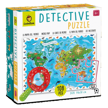 Puzzle Detectiv Harta Lumii cu Animale, 108 piese, +5 ani, Ludattica