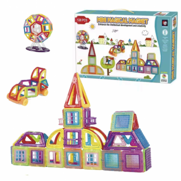 Joc STEM de constructie Mini Magical Magneti, cu 128 piese magnetice