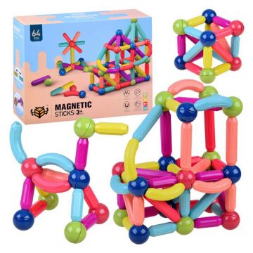 Set blocuri de constructie magnetic, Jokomisiada, Waffle Mini Farm, Moi si flexibile, Stimuleaza simturile copilului, Contine 64 de piese, 24 luni+, Multicolor