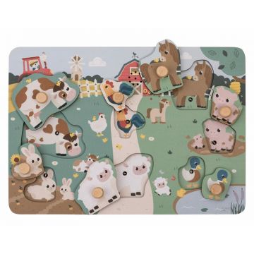 Puzzle din lemn, Free2Play, Cu animalute de la ferma, Cu sunete, Cu maner, Stimuleaza simturile, invatarea prin joc si imaginatia, 29,8 x 21,2 x 3,8 cm, Farm