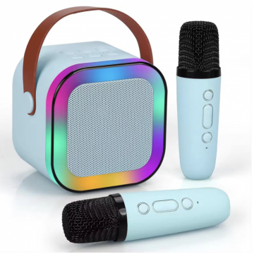 Set Karaoke cu Boxa Difuzor si 2 Microfoane Wireless, cu bluetooth, acumulator si radio, bleu